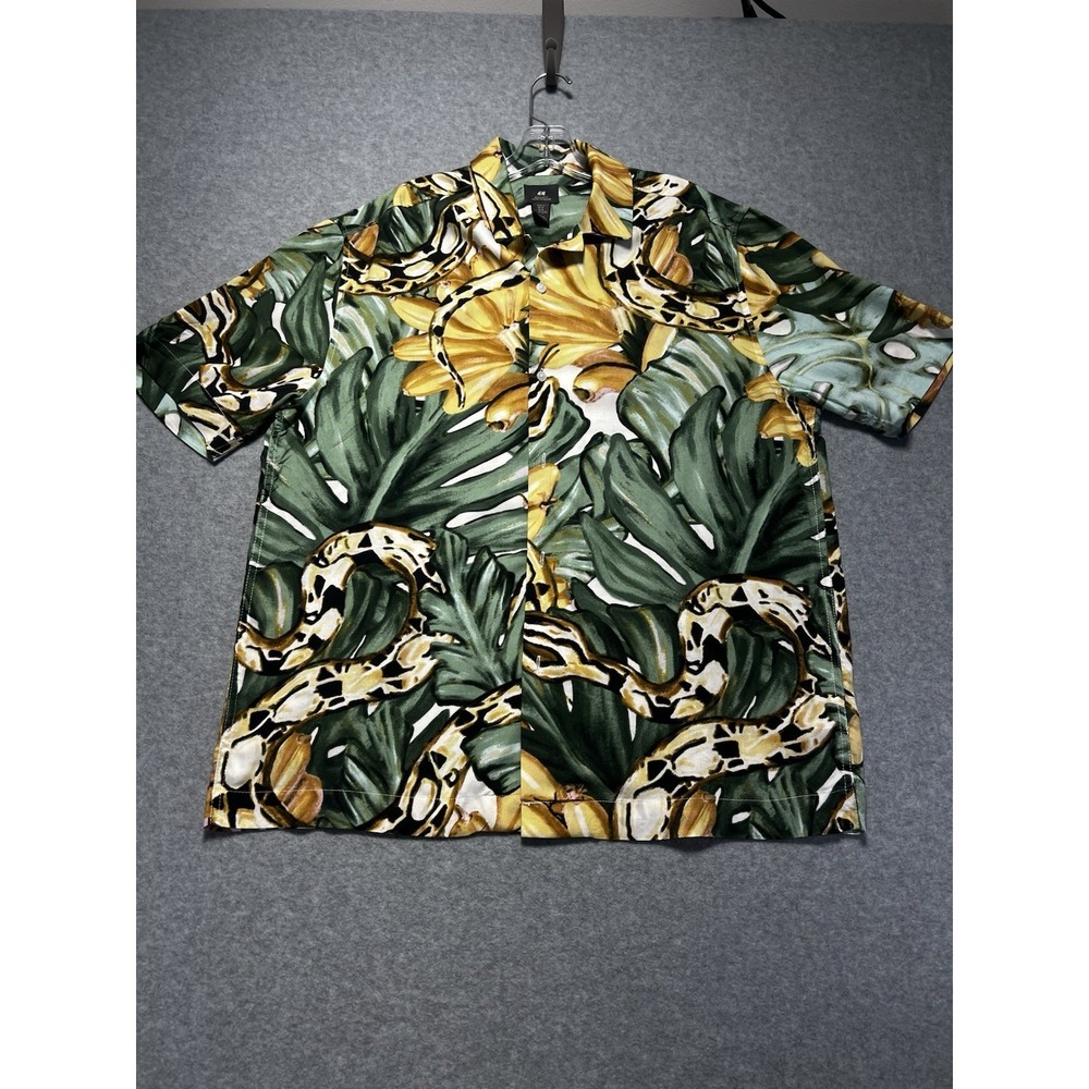 H&M Shirt, Men's Size Medium , Green Yellow Black Brown, Hawaiian Button Up - Picture 2 of 9
